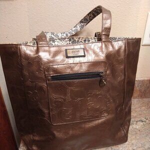 GiGi Hill Bronze Faux Leather Shoulder Bag/Tote Embossed Roses Reversible